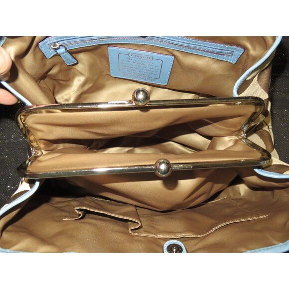 Coach 2009 Cursive Creed Khaki & Blue Jacquard Frame Kisslock Carryall Satchel - Picture 7 of 12